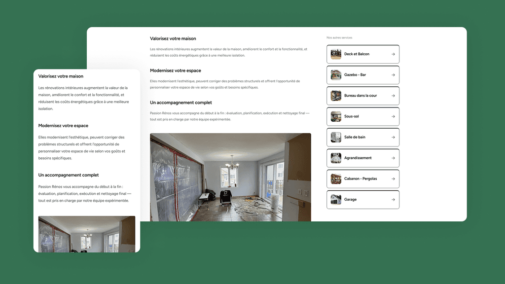 Aperçu du site web réalisé par b2web pour Passion Rénos