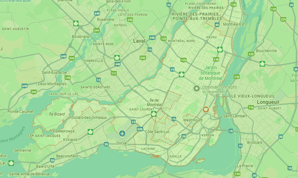 Carte montrant la zone de Montréal étant desservie par B2Web, agence de création de site web au Québec.