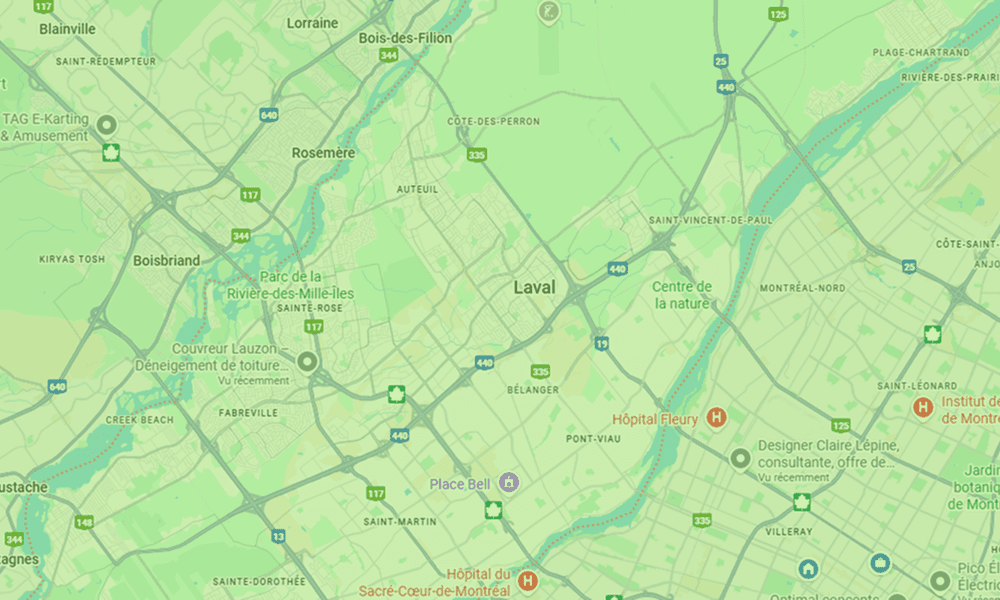 Carte montrant la zone de Laval étant desservie par B2Web, agence de création de site web pour entreprises locales